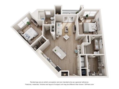 Floor plan for 2 beds, 2 baths, 1072 sqft